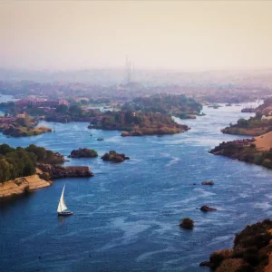 A Felucca sailing on the Nile near the city of Aswan